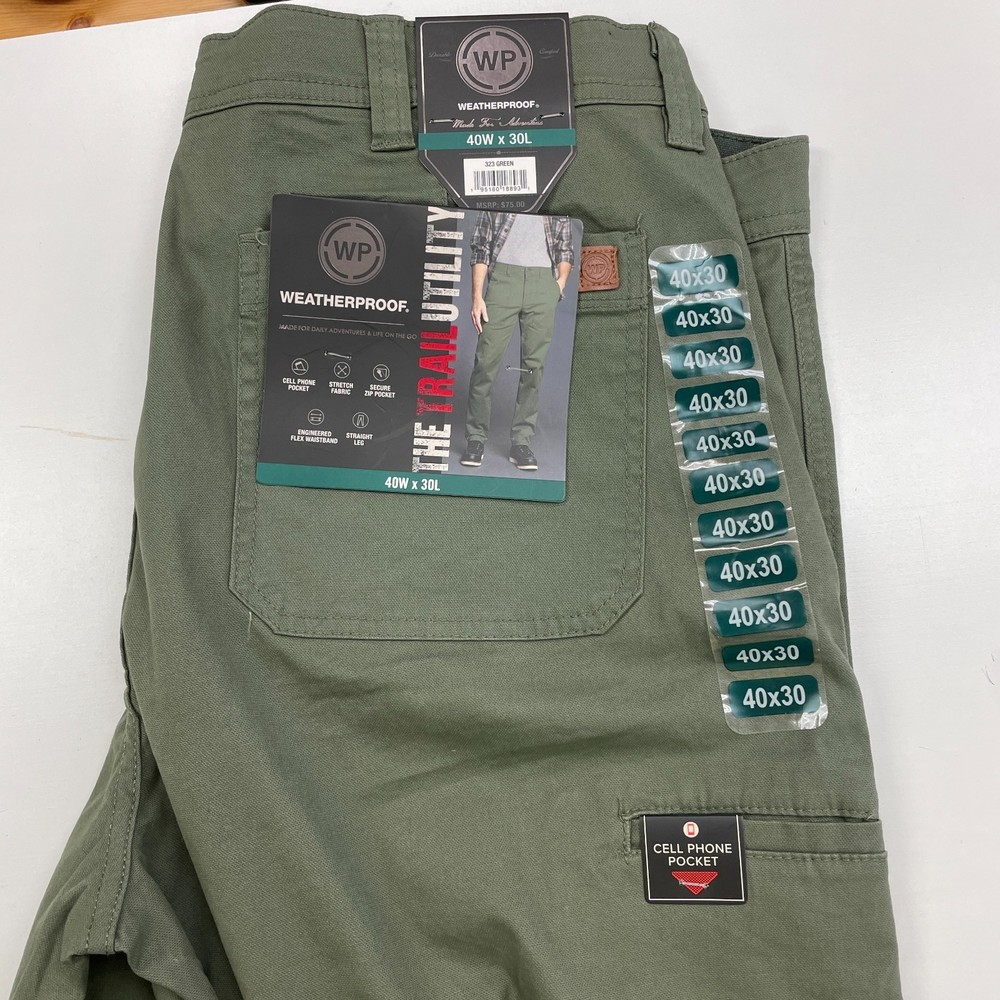 Weatherproof WP Trail Utility Pants Green 40 x 30 Flex Waistband NWT